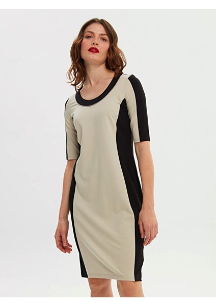 Renk Bloklu Zincir Nakış Detaylı Örme Elbise 66294