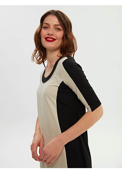 Renk Bloklu Zincir Nakış Detaylı Örme Elbise 66294 fiyatları