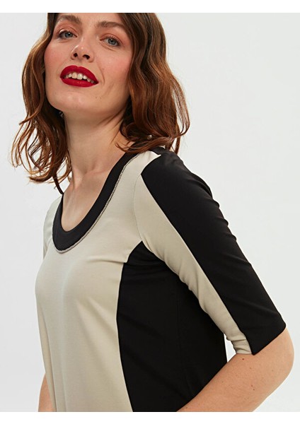 Renk Bloklu Zincir Nakış Detaylı Örme Elbise 66294 modelleri