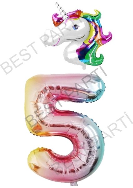 Unicorn Folyo Balon ve Gökkuşağı Rakam Folyo Balon Seti 5