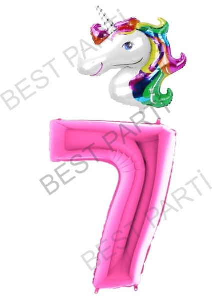 Unicorn Folyo Balon ve Fuşya Rakam Folyo Balon Seti 7
