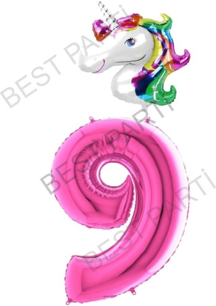 Best Parti Unicorn Folyo Balon ve Fuşya Rakam Folyo Balon Seti 9