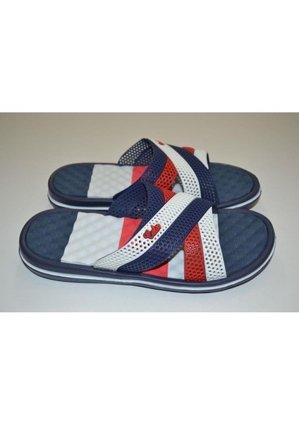 Gezer Erkek Kaymaz Yumuşak Masaj Tabanlı Beyaz Lacivert Kırmızı Çapraz Eva Terlik