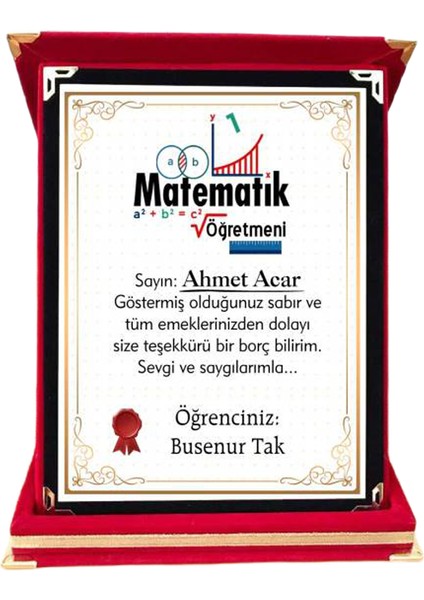 Matematik Öğretmenine Hediye Plaket