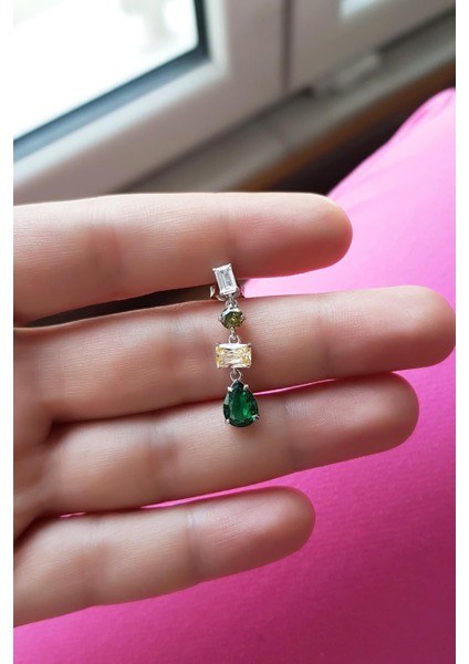 Tekli Ithal Fancy Kesim Yeşil Sarı Sallantılı Gümüş Küpe