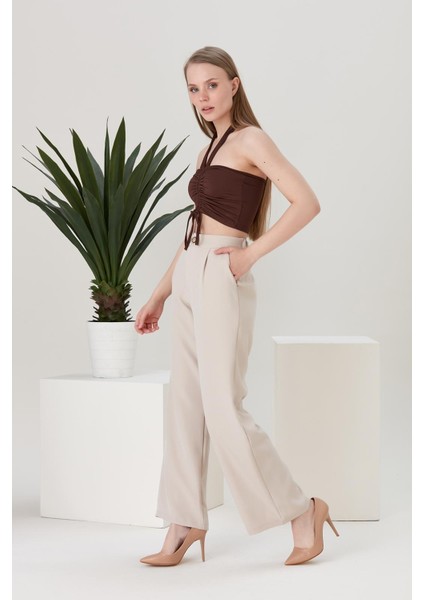 Yüksek Bel Pileli Palazzo Bej Pantolon fiyatları