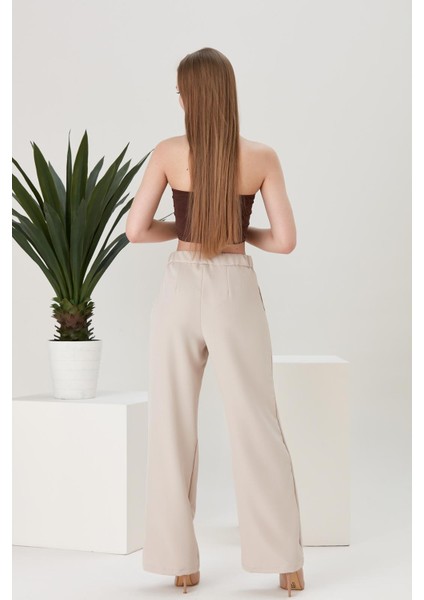Yüksek Bel Pileli Palazzo Bej Pantolon modelleri