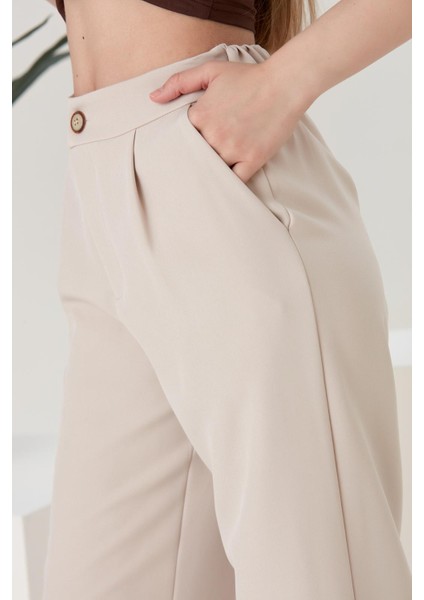 Yüksek Bel Pileli Palazzo Bej Pantolon fırsatları