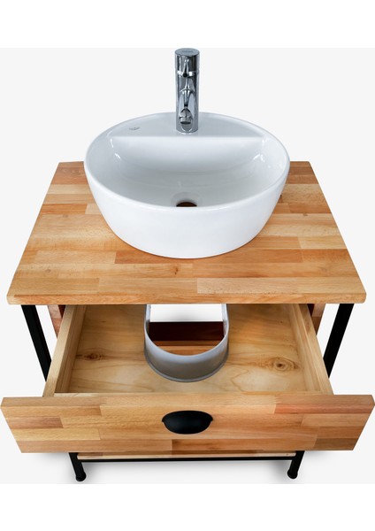 Atölye 10 65 cm Kayın Ahşap Banyo Dolabı Metal Ayaklı ve Çekmeceli Modern Banyo Dolabı fırsatları