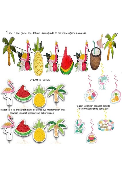 Hawaian Tropical Konsept Flamingo Ananas Karpuz Palmiye Süsleri 15 Parça
