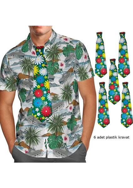 Tropikal Hawai Çiçekleri Desenli Plastik Parti Kravatı 6 Adet