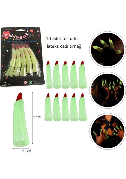 Halloween Witch Yumuşak Lateks Tırnak Yeşil Fosforlu Renk Cadı Tırnağı 10 Adet