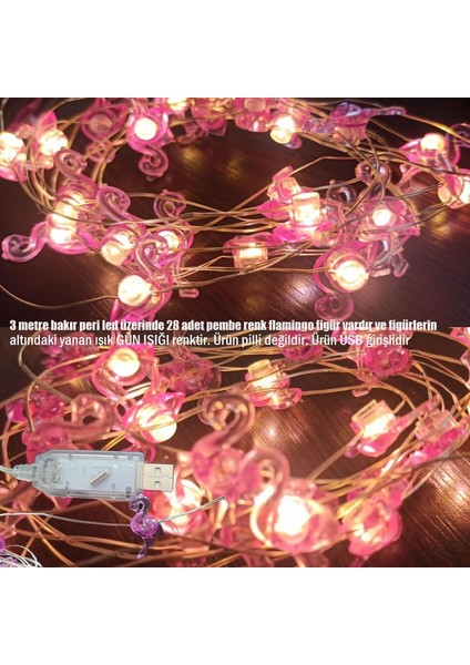 USB Girişli Pembe Renk Flamingo Şeklinde Pilli Gün Işığı LED Işık 3 Metre 28 Ampul Hawaian
