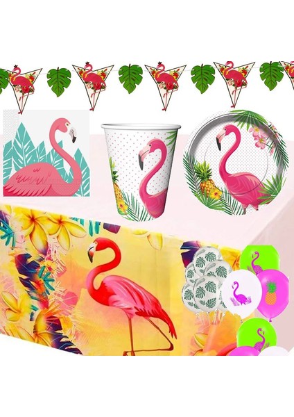 Flamingo ve Hawaian Tema Konsept 8 Kişilik 44 Parça Sofra Seti