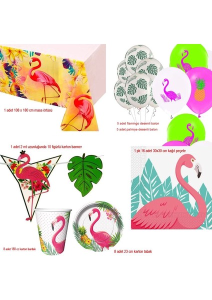 Flamingo ve Hawaian Tema Konsept 8 Kişilik 44 Parça Sofra Seti