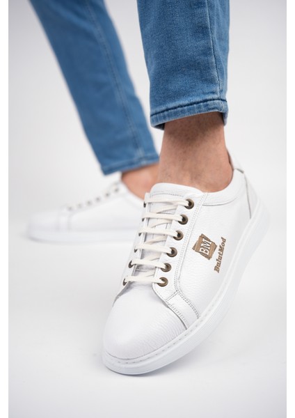 Beyaz Erkek Hakiki Deri Lacoste Tarzı Casual Ayakkabı - Beyaz - 42