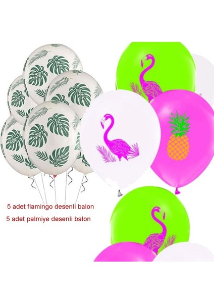 Hula Hawai Partisi Ananas Flamingo ve Palmiye Baskılı Latex Balon 10 Adet