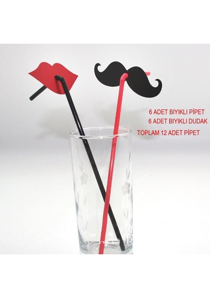 Karton Dudak ve Bıyıklı Körüklü Plastik Bride Pipeti 12 Adet