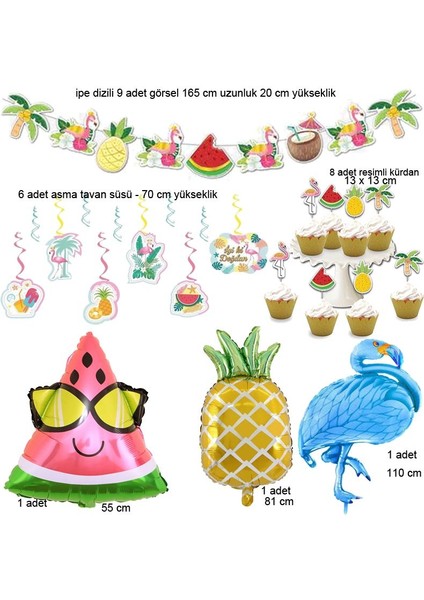 Tropical Hawaian Konsept Flamingo Ananas Karpuz Palmiye Süsleri ve Balonları 18 Parça