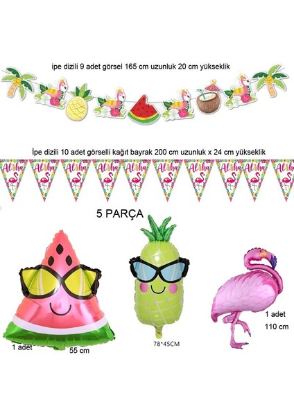 Hawaian Tropical Konsept Flamingo Ananas Karpuz Palmiye Süsleri ve Balonları 5 Parça