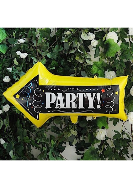 Party! Yazılı Ok Işareti Şeklinde Folyo Balon Sarı Siyah Renk 86 x 50 cm 1 Adet Bride Hawa Hallo Retr