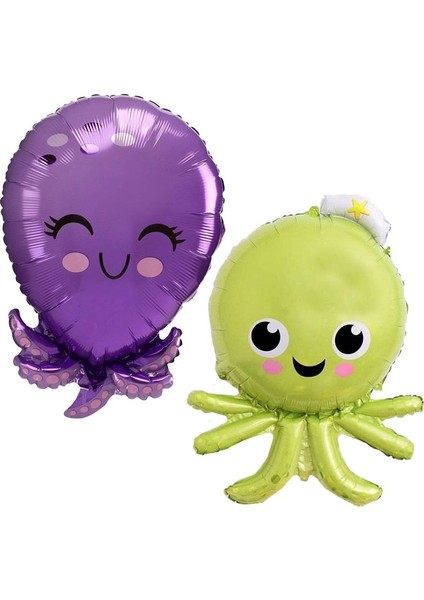 Gülümseyen Denizler Alemi Octopus Ahtapot Şeklinde Folyo Balon Yeşil ve Mor Renk 2 Adet Haw