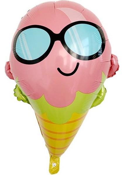 Gözlüklü Gülümseyen Ice Cream Külahta Dondurma Şeklinde Folyo Balon 66X51 cm 1 Adet Hawa