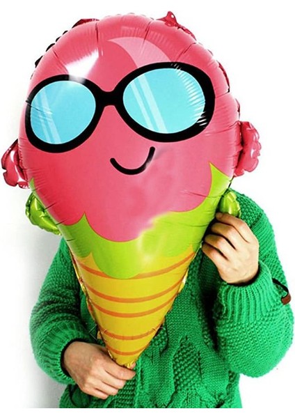 Gözlüklü Gülümseyen Ice Cream Külahta Dondurma Şeklinde Folyo Balon 66X51 cm 1 Adet Hawa fiyatları