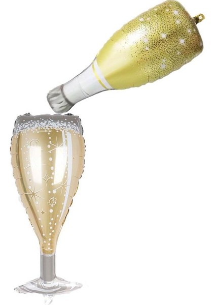 Bride Şampanya Şişesi ve Kadehi Şeklinde Folyo Balon Champagne Renk 2 Adet