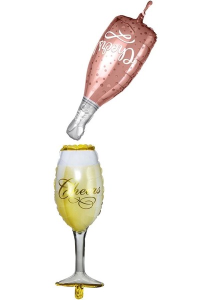 Bride Cheers Şampanya Şişesi ve Kadehi Şeklinde Folyo Balon 2 Adet