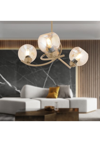 Pireal 3'lü Yuvarlak Eskitme Bal Camlı Modern Oturma Odası Salon Avize