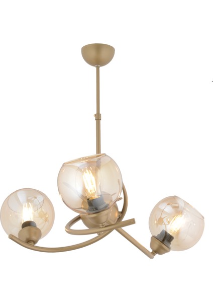 Pireal 3'lü Yuvarlak Eskitme Bal Camlı Modern Oturma Odası Salon Avize