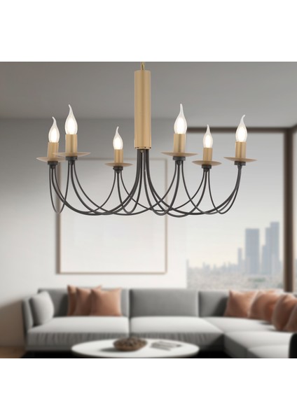 Joyce 6'lı Siyah Eskitme Yuvarlak Modern Oturma Odası Salon Avize