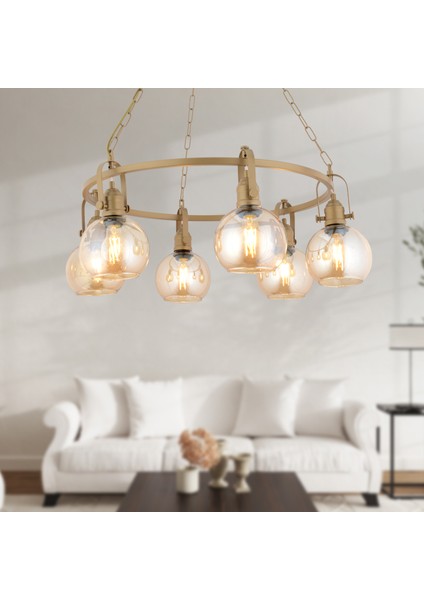 Cherish 6'lı Yuvarlak Eskitme Bal Camlı Modern Oturma Odası Salon Avize