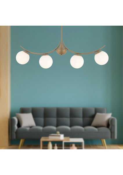 Germaine 4'lü Sıralı Eskitme Beyaz Camlı Modern Oturma Odası Salon Avize