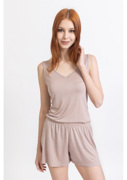 Ja Bayan Askılı Şortlu Pijama Takımı Vizon