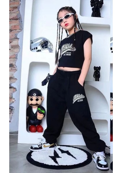 Özel Tasarım Athletic Baskılı %100 Pamuk Sokak Stili Hip Hop Kısa Kollu Yazlık Kız Çocuk Crop Eşofman Takımı