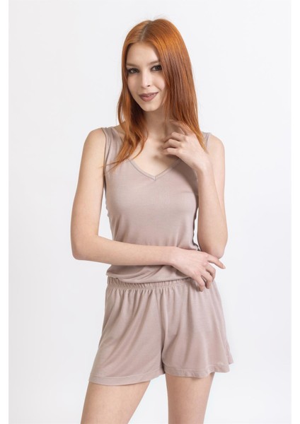 Ja Bayan Askılı Şortlu Pijama Takımı Vizon