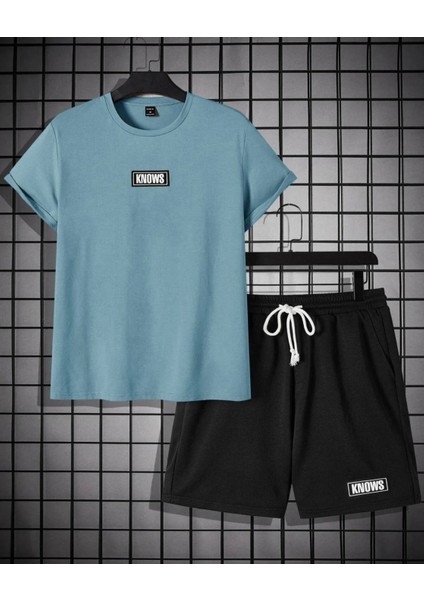 Büyük Beden Özel Tasarım Knows Baskılı Pamuk Dış Mekan Ter Tutmayan Erkek T-Shırt Şort Takımı