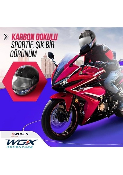 Carbon Desen Motosiklet Kaskı Kapalı Siyah (L)