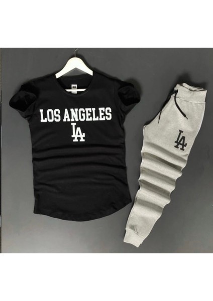 Büyük Beden Özel Tasarım La Baskılı %100 Pamuk Kısa Kollu Yazlık Erkek Eşofman Takımı