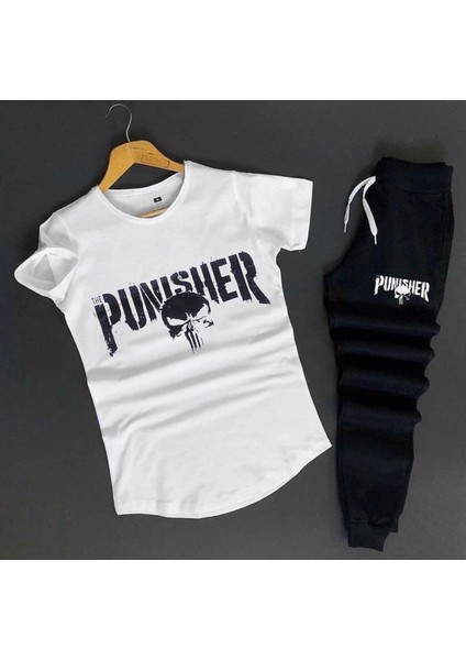 Büyük Beden Özel Tasarım Punısher Baskılı %100 Pamuk Kısa Kollu Yazlık Erkek Eşofman Takımı