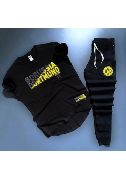 Büyük Beden Özel Tasarım Borussıa Dortmund Baskılı %100 Pamuk Kısa Kollu Yazlık Erkek Eşofman Takımı