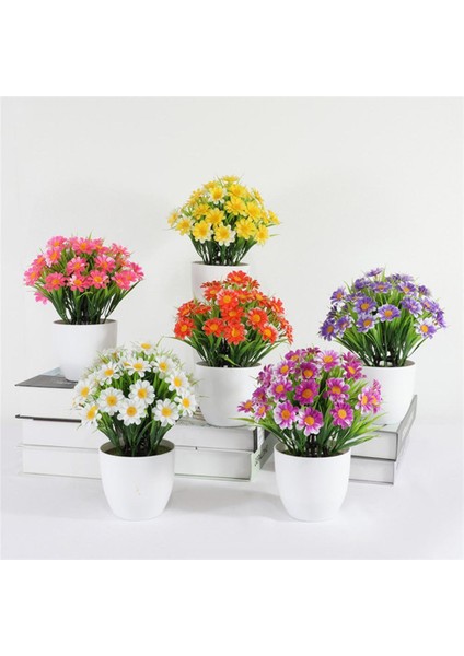 6lı Set Yapay Çiçek Papatya Beyaz Saksıda Karışık Renkler