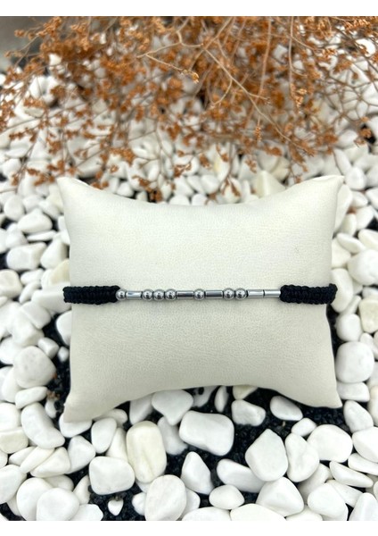 Hematit Doğal Taş Örgülü Mors Alfabesi Sevgili Bilekliği