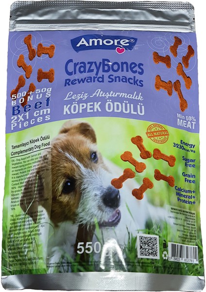 Crazybones Sığır Etli Atıştırmalık Yumuşak Köpek Ödül Kemikleri 550 gr
