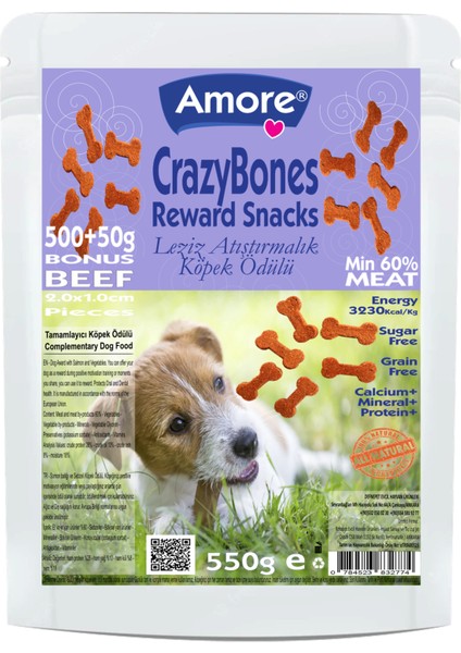 Crazybones Sığır Etli Atıştırmalık Yumuşak Köpek Ödül Kemikleri 550 gr