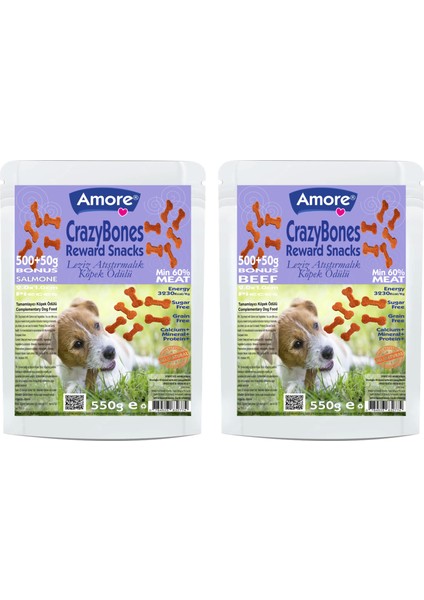 Crazy Bones Somonlu ve Sığır Etli Yumuşak Köpek Ödülü 550 + 550 gr Kemik