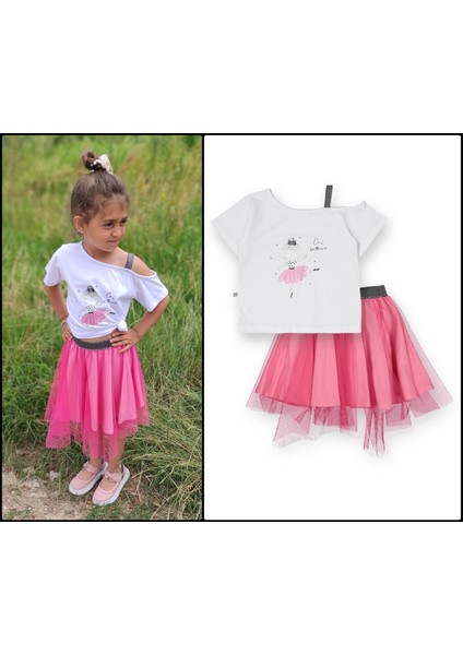 Hayal Tüllü Etek Düşük Omuzlu Tshirt Kız Çocuk 2'li Takım - 2-9 Yaş - 2091 modelleri