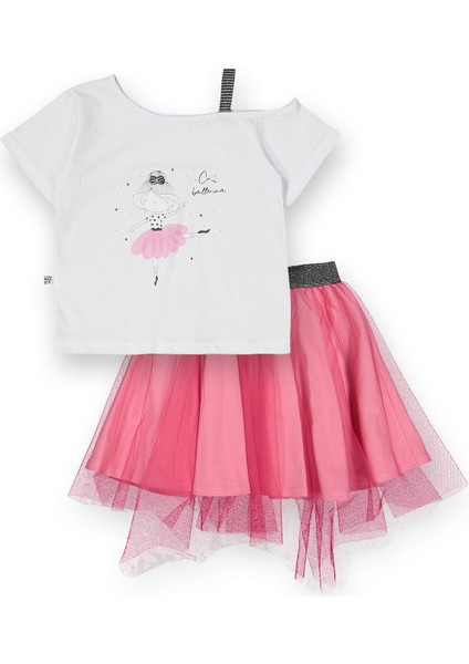 Hayal Tüllü Etek Düşük Omuzlu Tshirt Kız Çocuk 2'li Takım - 2-9 Yaş - 2091
